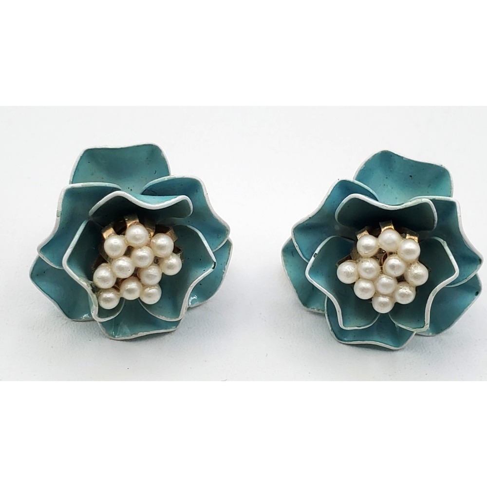 Vtg 1950s Blue Enamel Flowers Seed Pearl Clip On Earrings Marvella
